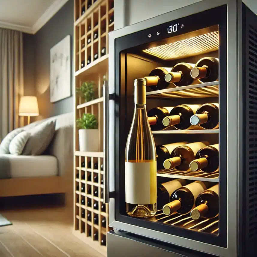 Imagen de una botella de vino blanco almacenada en una vinoteca pequeña, ideal para como conservar en vino abierto en casa con temperatura controlada y un ambiente adecuado.