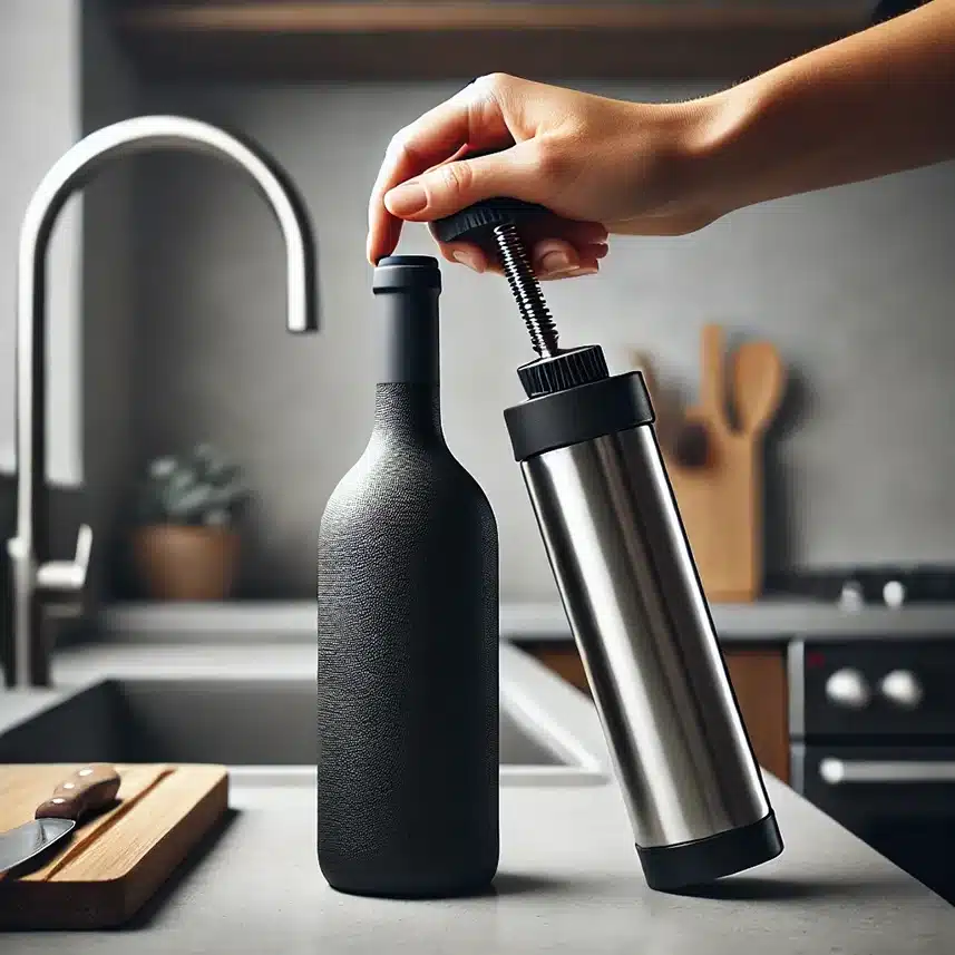 Una mano sellando una botella de vino abierta con una bomba de vacío en una cocina, como conservar el vino por más tiempo.