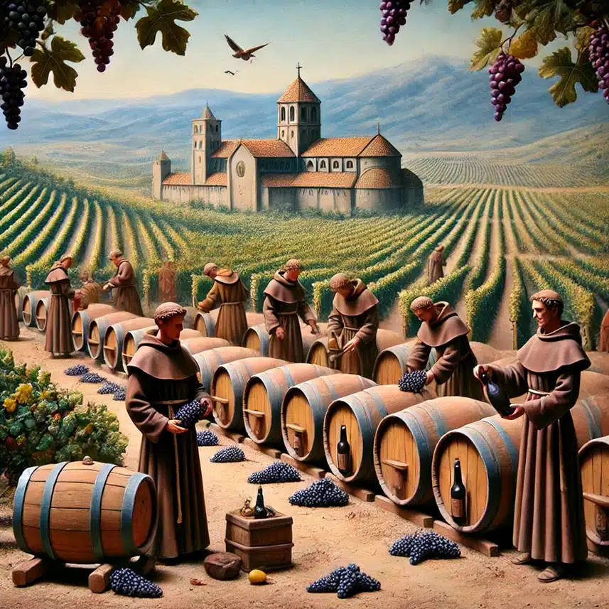 Monjes medievales recolectando uvas y elaborando vino en un monasterio europeo.