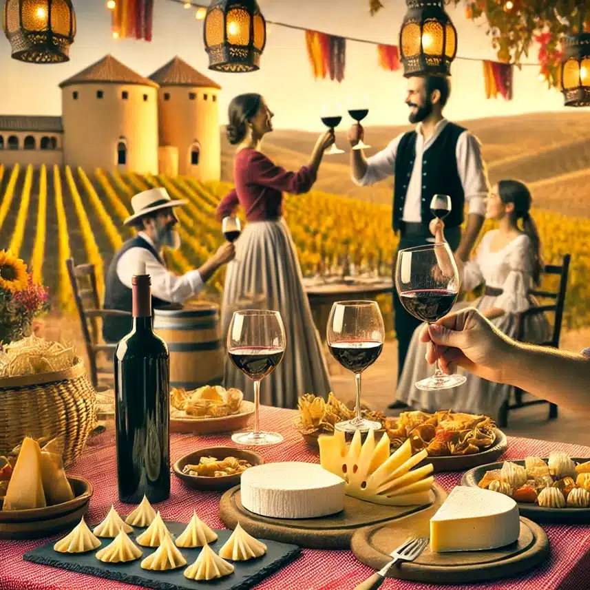 Paisaje de viñedos en Castilla-La Mancha con bodegas tradicionales y modernas.Título: Castilla-La Mancha: Tradición y Modernidad en el Mundo del Vino