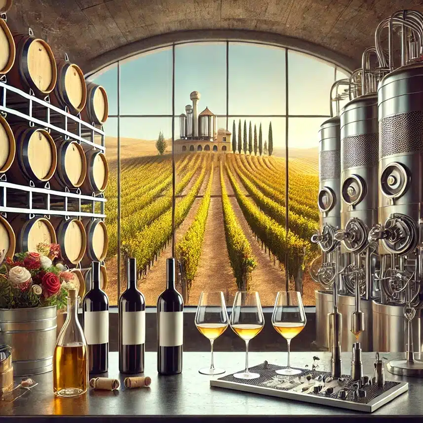 Cata de vinos en una bodega moderna con vista a viñedos de Castilla-La Mancha.