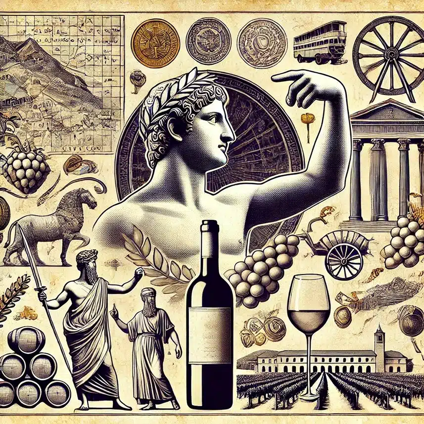 Elementos representativos del origen del vino: mapa del Cáucaso, jeroglíficos egipcios, estatua de Dionisio y viñedos modernos.
