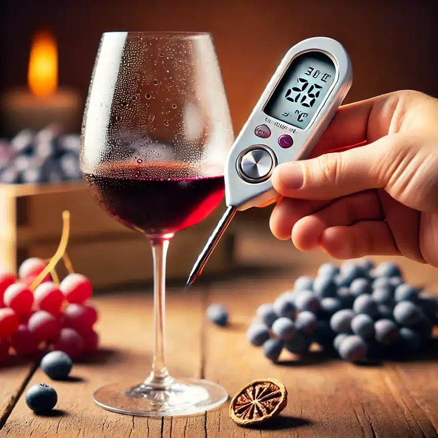 Termómetro digital midiendo la temperatura vino tinto sobre una mesa elegante.
