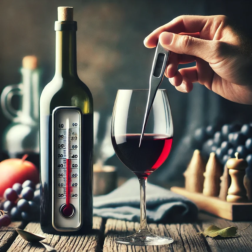Persona tocando una botella de vino tinto para estimar la temperatura vino tinto, con una copa servida y uvas frescas en una mesa rústica.
