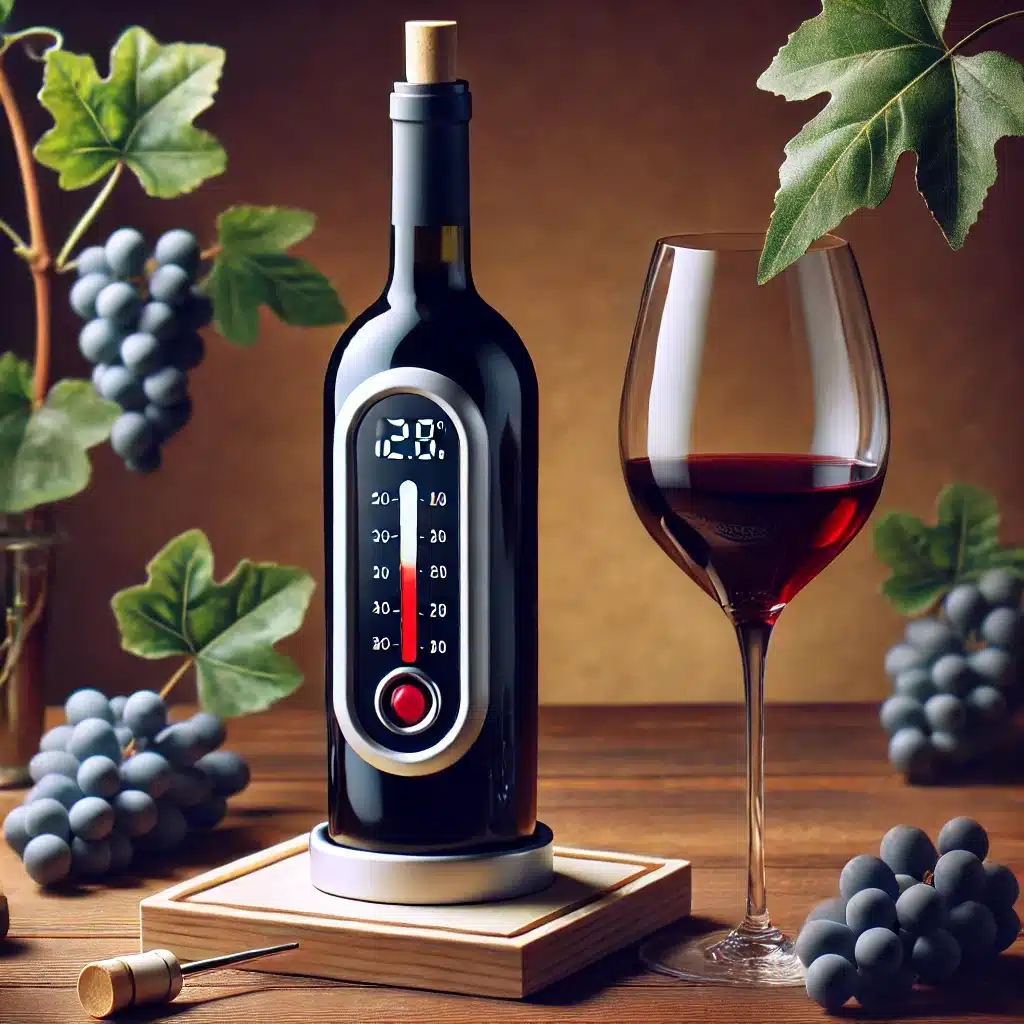 Termómetro digital colocado en una botella para medir la temperatura vino tinto,sobre una mesa elegante con uvas frescas y una copa servida.